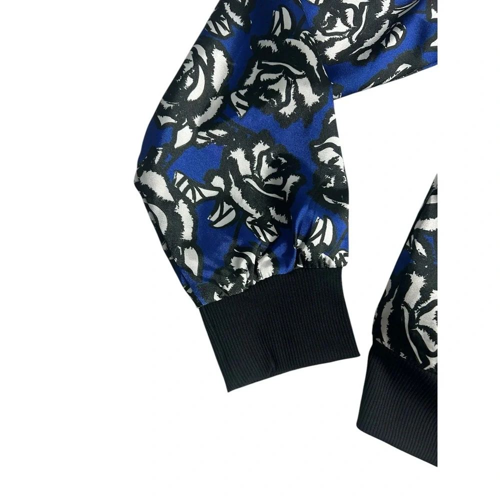 X by GOTTEX Women's Floral Satin Bomber Jacket Blue Roses Size Large Zip Pockets